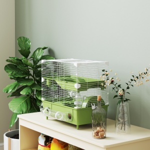 Cușcă pentru Hamsteri cu 2 Nivele și 3 Uși cu Roată și Tuburi, din Oțel, PS și PP, 44.5x28x44 cm, Verde și Alb - Img 8