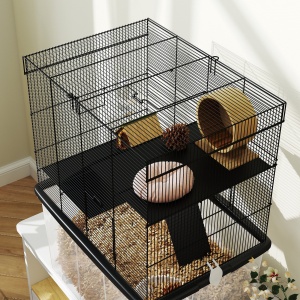 Cușcă pentru Hamsteri cu 3 Niveluri, Bază Adâncă, Roți Rampe, Bol și Sticlă, 58x43x74 cm, Negru - Img 9