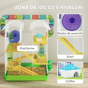 Cușcă pentru Hamsteri cu 5 Niveluri, Tuburi Colorate, Roată, Căsuță și Accesorii, 47x30x59 cm, Verde - Img 4
