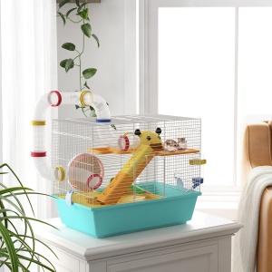 Cușcă pentru Hamsteri cu Roată, Căsuță, Bol, Rampe și Recipient Apă, Cușcă pentru Gerbili din Oțel, PS și PP, 45x28x37 cm, Alb și Albastru - Img 2