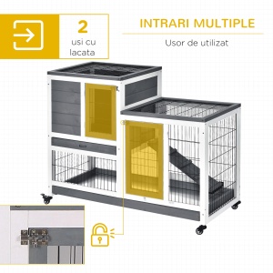 Cușcă pentru Iepuri din Lemn de Brad cu Roți, Tăvi Detașabile și Căsuță cu Rampă, 110x50x88 cm, Gri și Alb - Img 5