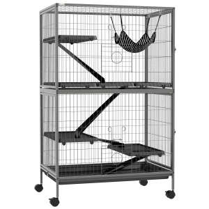 Cușcă pentru Rozătoare cu 4 Intrări la Nivele Multiple cu Hamac, din Metal și PP, 80x52x128 cm, Argintiu și Gri - Img 1