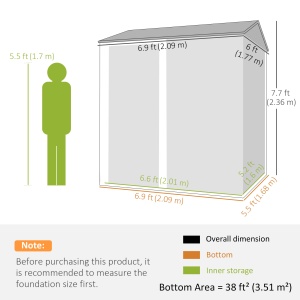 Depozit de Grădină Înalt de 3.51m² din Oțel Galvanizat cu Guri de Ventilație, Căsuță de Grădină cu Ușă Blocabilă, Acoperiș Înclinat, Mănuși, Depozit pentru Unelte, 209x177x236 cm, Argintiu Gri - Img 3