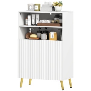 Dulap baie, comodă pentru living, uși cu închidere silențioasă, 2 rafturi deschise, MDF, Alb - Img 6