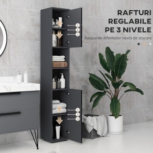 Dulap Baie, Inalt de 183cm, Dulap cu 2 rafturi deschise si doua dulapuri cu 2 nivele, Negru - Img 5