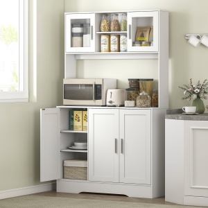 Dulap Bucătărie de 180cm, Dulap Înalt cu 4 Compartimente, Uși din Sticlă Securizată, 2 Rafturi Deschise, Rafturi Reglabile, Blat pentru Electrocasnice, pentru Bucătărie sau Living, Alb - Img 2