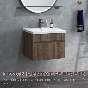 Dulap cu Chiuvetă Suspendat cu Montare pe Perete, Sertar și Sistem de Închidere cu Amortizare, 60x45,5x45 cm, Maro - Img 4