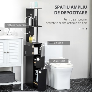 Dulap cu coloana din lemn ce economie de spatiu, dulap de baie cu rafturi, dulap si sertare, negru, 15x33x136cm - Img 4