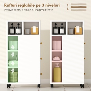 Dulap de baie cu economisire de spațiu, pe roți, 3 sertare și 5 rafturi reglabile, 20x40x80 cm, alb - Img 5