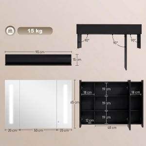 Dulap de Baie LED cu Oglindă , Dulap Suspendat cu 3 Uși, Rafturi Reglabile, Funcție Memorie & Încărcare USB - Img 3