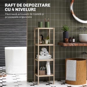 Dulap de Baie Modern cu 4 Rafturi Anti-Răsturnare, Dulap de Baie din Bambus și Lemn, 33x31x110 cm, Lemn Natural - Img 4