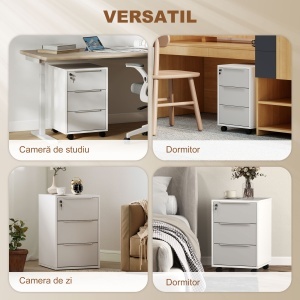 Dulap de Birou cu 3 Sertare cu Chei și 4 Rotile Alb și Gri - Img 6