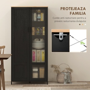 Dulap de Bucătărie cu 9 Rafturi Reglabile, cu Uși de Sticlă și Bază Înălțată din Lemn, 76x36x160 cm, Negru - Img 7