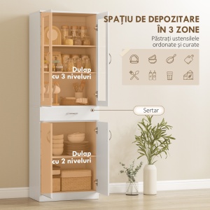 Dulap de Bucătărie Înalt 180 cm cu Uși din Sticlă Soft-Close, Sertar și 2 Dulapuri, Polițe Reglabile, Alb - Img 4