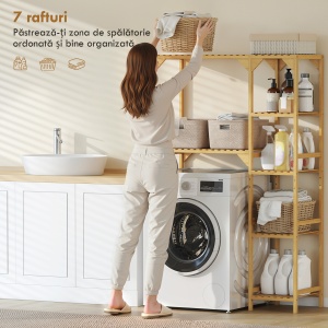 Dulap de deasupra Mașinii de Spălat din Bambus cu 7 Rafturi Reversibile, Dulap Compact cu Spațiu Reglabil, pentru Depozitare și Organizare, pentru Baie sau Spălătorie, 100x40x157 cm, Culoare Lemn - Img 4