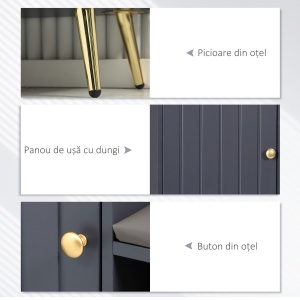 Dulap de pantofi de intrare cu scaun captusit, raft deschis si dulap, pentru 4 perechi de pantofi, lemn si metal, 80x33x49cm, gri - Img 6