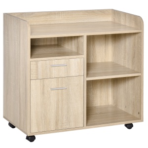 Dulap Imprimantă Birou Multifuncțional 80x40x72 cm, Dulap Joasă cu Sertare, Rafturi, 4 Roți, Culoare Stejar - Img 1