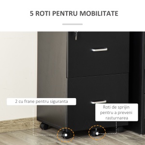 Dulap mobil arhiva cu 2 sertare, cu blocare, dulap de birou din lemn cu roti de blocare pentru A4, Letter, negru - Img 5