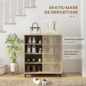 Dulap pentru Pantofi pe 4 Niveluri din PAL și Oțel cu Ușă Glisantă și Rafturi Reglabile, 80x40x93 cm, Lemn Natural - Img 4