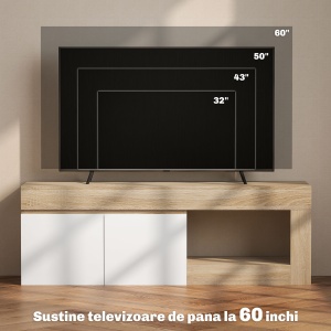Dulap pentru TV de 60" cu Dulăpior, 2 Uși și Raft Deschis, Mobilier TV din Lemn, 140x40x48 cm, Lemn Natural - Img 7