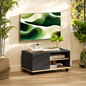Dulap TV 42" Max cu 2 Rafturi deschise si Usa, din PAL cu Roti, 80x45x39.5 cm, Negru - Img 8