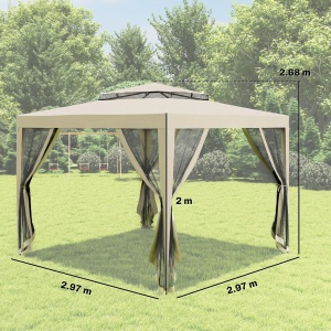 Foisor de Gradina cu Plasa de Tantari, Foisor 3x3 m cu Acoperis Dublu si Cadru din Metal, Bej - Img 3