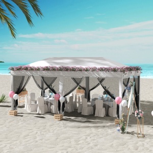Foisor Pliabil cu 6 Perdele Plasa de Tantari, Foisor de Gradina cu Structura din Otel, 585x295x270cm, Alb Crem - Img 2