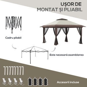 Foișor Pliabil Pop-Up 4x4 m cu Înălțime Reglabilă pe 3 Niveluri, Foișor de Exterior cu Plasă de Țânțari, Saci de Nisip, Geantă de Transport, UV50+, pentru Grădină, Camping, Petreceri, Bej - Img 5