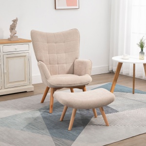 Fotoliu cu Taburet pentru Cameră sau Living din Catifea cu Model Crestat , Spătar Înalt și Brațe, 72x80x101 cm, Bej - Img 2