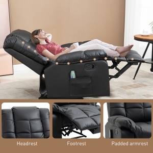 Fotoliu de Relaxare cu Masaj din Piele Artificiala, Fotoliu Ergonomic cu 8 Puncte de Masaj si Rabatabil 165°, Gri - Img 7
