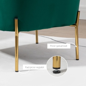 Fotoliu dormitor din material textil cu efect catifea cu picioare din otel auriu, 62x69x75 cm, verde - Img 5