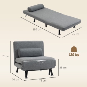 Fotoliu extensibil cu spătar ajustabil în 5 poziții, țesătură cu efect de in și oțel, 75x70x75 cm, Gri - Img 3