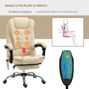 Fotoliu pentru Masaj Pivotant si Ergonomic cu Inaltime Reglabila cu 6 Puncte de Vibratie, 65x160x104 cm, Crem - Img 7