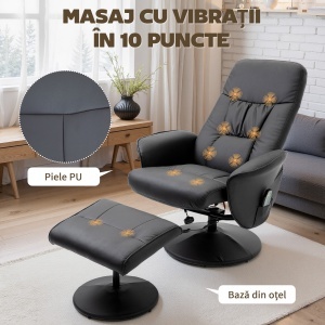 Fotoliu Relaxant cu Suport pentru Picioare, Reclinabil 145° cu Șezut Rotativ, cu 10 Puncte de Masaj, Negru - Img 4