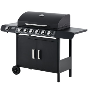 Gratar pe Gaz cu Capac, 7 Arzatoare de 20 kW in total si Arzator Lateral, Termometru, Raft si 2 Roti, 135x50x100cm Negru - Img 1