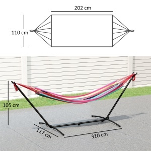 Hamac cu Suport 310x117cm pentru Camping cu Înălțime Reglabilă și Geantă de Transport, Capacitate 120 kg, Dungi Portocaliu și Roșu - Img 3