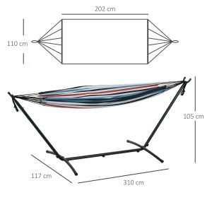Hamac cu Suport 310x117cm pentru Camping cu Înălțime Reglabilă și Geantă de Transport, Capacitate 120 kg, Dungi Albastre și Albe - Img 3