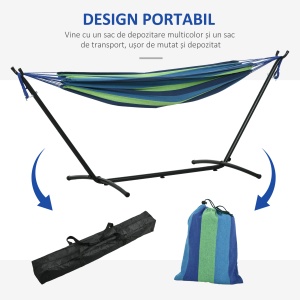 Hamac de Grădină Suspendat 310x117 cm cu Înălțime Reglabilă și Suport, Capacitate 120 kg, Hamac Autoportant cu Geantă de Transport, pentru Camping, Grădină, Balcon, Patio, Verde și Albastru - Img 6