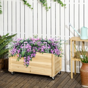Jardinieră de Gradină cu Orificiu de Drenaj și Căptușeală, Jardinieră din Lemn de Brad cu Roți, 89x48x47 cm, Lemn Natural - Img 2