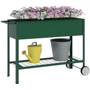 Jardinieră Exterioară cu Raft Inferior pentru Unelte, Jardinieră Metalică cu 2 Roți și Mâner, 109x44x80 cm, Verde