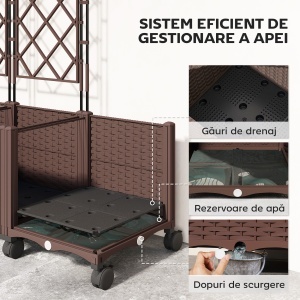 Jardinieră Înălțată cu Grilaj 130L, Pat pentru Grădină Înălțat de Exterior cu Roți Blocabile, Sistem de Autoirigare, Găuri de Drenaj pentru Plante Cățărătoare, Legume, Flori, Maro - Img 5