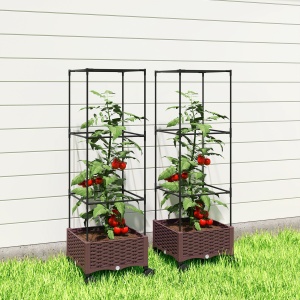 Jardinieră Înălțată cu Spalier 20L, Pat de Grădină Înălțat pentru Exterior cu Roți Blocabile, Sistem de Autoirigare, Orificii de Drenaj pentru Plante Cățărătoare, Legume și Flori, Maro - Img 9