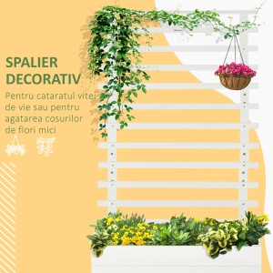 Jardiniera inaltata verticala cu 4 roti si suport pentru plantele cataratoare, din lemn de brad, 76x30x155cm, alb - Img 5
