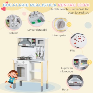 Jucarie de bucatarie pentru copii cu inaltime reglabila, efecte sonore, lumini si ustensile, din MDF si PP, 60x30,5x93,2 cm, gri si alb - Img 4