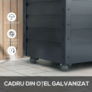 Ladă de Grădină de 295L cu Încuietoare, 2 Mânere și 4 Rotile, Mobilier Depozitare din Oțel, 100x62x65 cm, Gri - Img 5