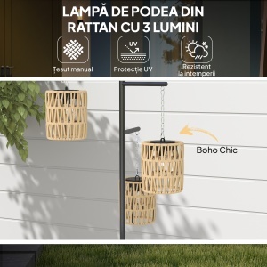 Lampă de Exterior Solară cu 3 Lumini în Stil Boho cu Bază Pătrată, 45x45x178 cm, Negru - Img 4