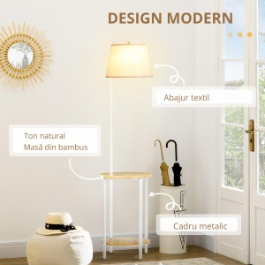 Lampa moderna de podea cu rafturi, cu masuta dubla din bambus, abajur din material textil, tonuri naturale - Img 7