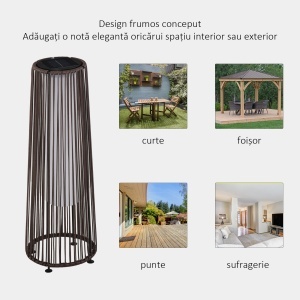 Lanternă Solară de Grădină cu Panou de Încărcare, Lampă solară de Exterior din Metal și Ratan, Ø21.5x61 cm, Maro - Img 5