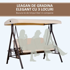 Leagăn de Grădină cu 3 Locuri, Acoperiș Reglabil, Suport pentru Pahare și Perne, 207x120,5x174 cm, Bej - Img 7