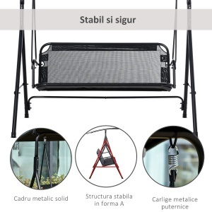 Leagan de Gradina cu 3 Locuri cu Acoperis Parasolar Reglabil Negru 172x110x155cm - Img 4